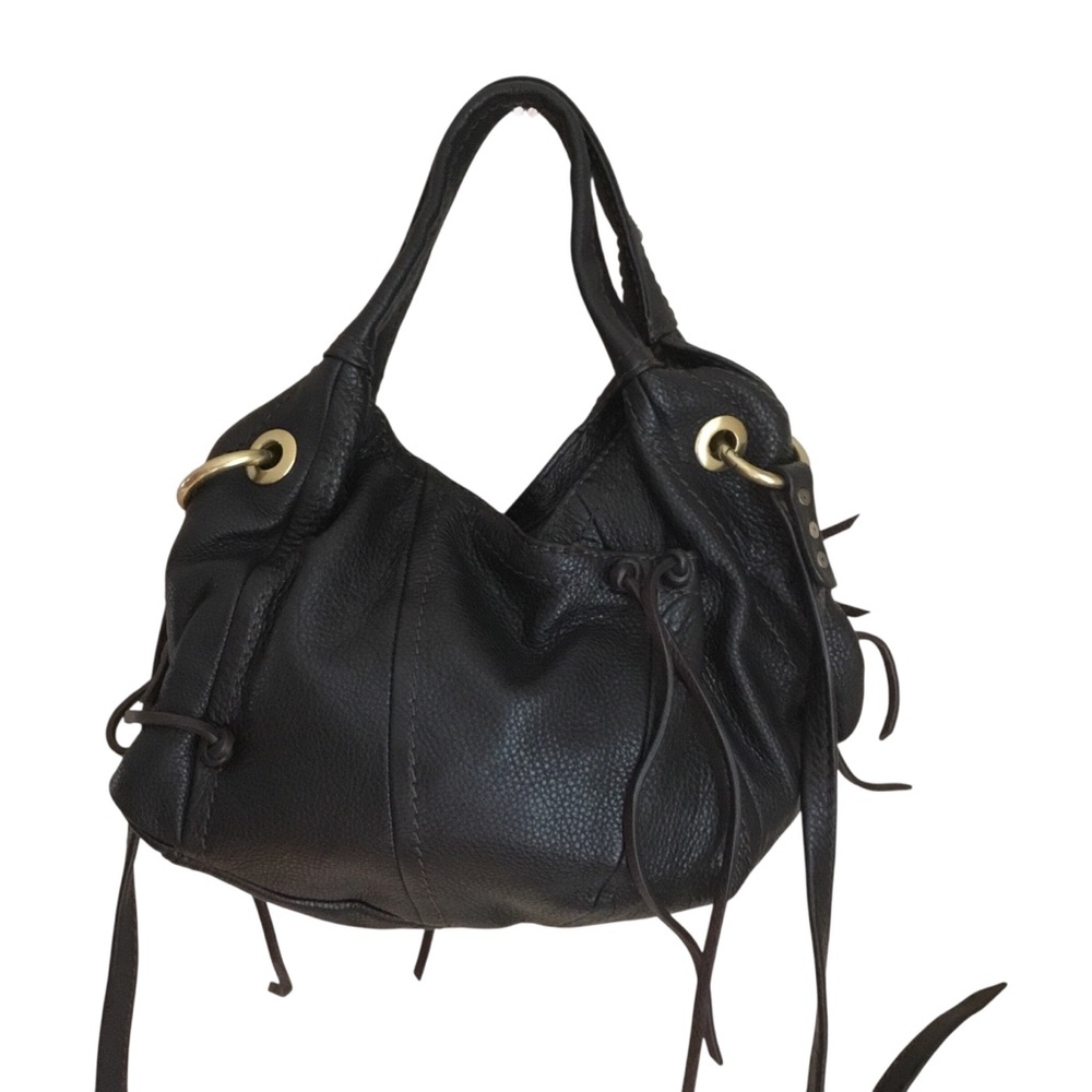 OrYANY Black Pebbled Leather Slouchy Hobo Corset Lace Up Grommet Bag